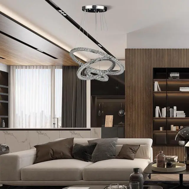 Alt view image 2 of 5 - 11.8" to 47.2" in Adjustable Height Else Medium Triple Hoop Modern Crystal Stainless Pure White Color Led Remote Control Dimmer Chandelier