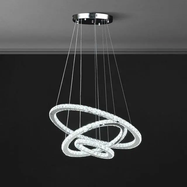 Alt view image 4 of 5 - 11.8" to 47.2" in Adjustable Height Else Medium Triple Hoop Modern Crystal Stainless Pure White Color Led Remote Control Dimmer Chandelier