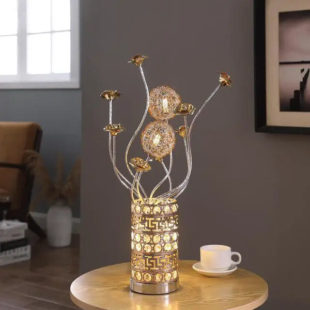 Alt view image 6 of 7 - Aluminum Golden Rose Copper/Silver Wire Bud Flower Bud Table Lamp for Living Room, Nightstand Bedside Table Lamp for Bedroom, Led Lamp