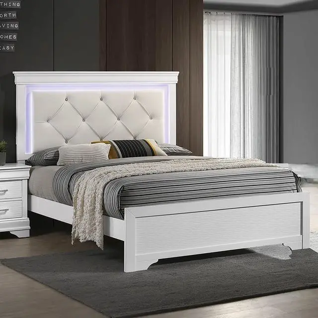 Alt view image 4 of 6 - White Faux Leather Tufted HB 3pc Bedroom Set Queen Size Bed 2x Nightstands Unique Texture FB Solid wood