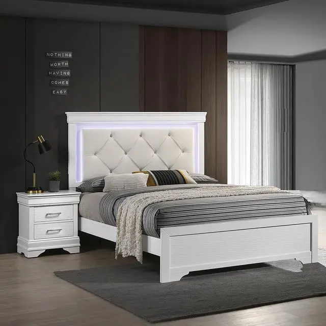 Alt view image 2 of 6 - White Faux Leather Tufted HB 3pc Bedroom Set Queen Size Bed 2x Nightstands Unique Texture FB Solid wood