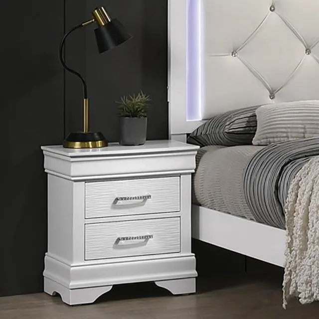 Alt view image 5 of 6 - White Faux Leather Tufted HB 3pc Bedroom Set Queen Size Bed 2x Nightstands Unique Texture FB Solid wood