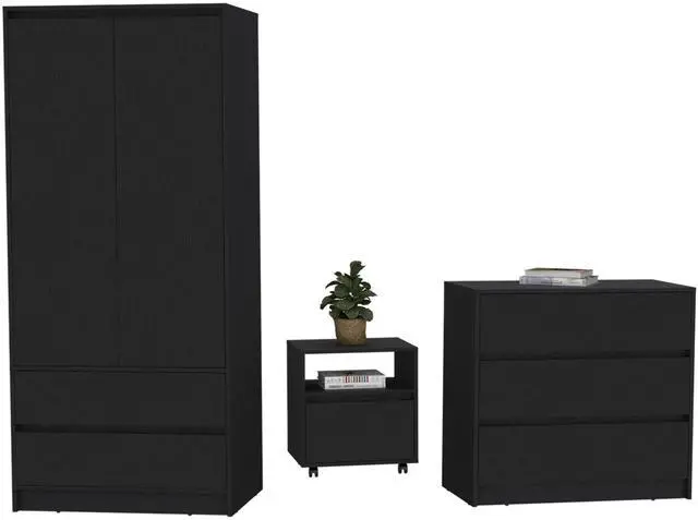 Main image of Beloit 3 Piece Bedroom Set, Nightstand + Dresser+ Armoire, Black