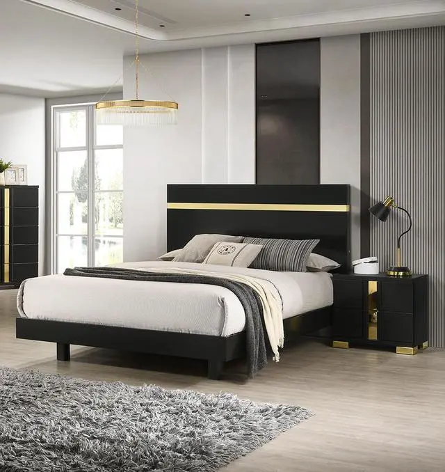 Main image of Modern Black 3Pc Bedroom Set Queen Size Bed W Led 2X Nightstands Mattress Ready Furniture Acrylic Trim