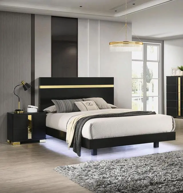 Alt view image 2 of 7 - Modern Black 3Pc Bedroom Set Queen Size Bed W Led 2X Nightstands Mattress Ready Furniture Acrylic Trim