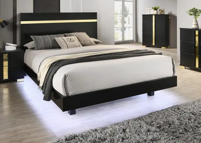 Alt view image 3 of 7 - Modern Black 3Pc Bedroom Set Queen Size Bed W Led 2X Nightstands Mattress Ready Furniture Acrylic Trim
