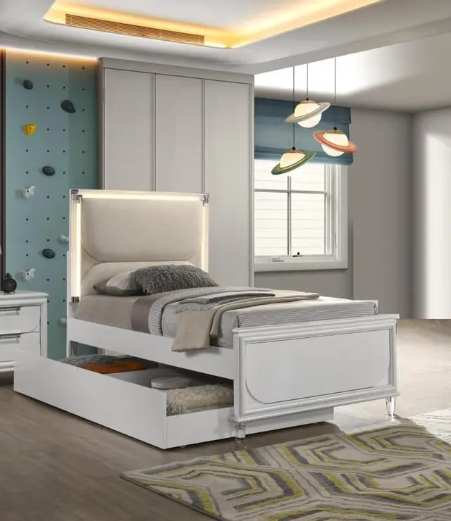 Alt view image 4 of 7 - Contemporary Glam Pearl White Twin Size Bed W Trundle 2x Nightstands Embossed Panel 3pc Bedframe Bedroom Furniture