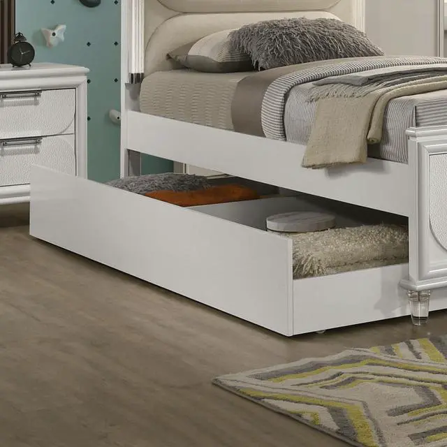 Alt view image 6 of 7 - Contemporary Glam Pearl White Twin Size Bed W Trundle 2x Nightstands Embossed Panel 3pc Bedframe Bedroom Furniture