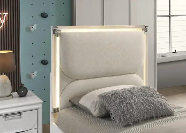 Alt view image 7 of 7 - Contemporary Glam Pearl White Twin Size Bed W Trundle 2x Nightstands Embossed Panel 3pc Bedframe Bedroom Furniture