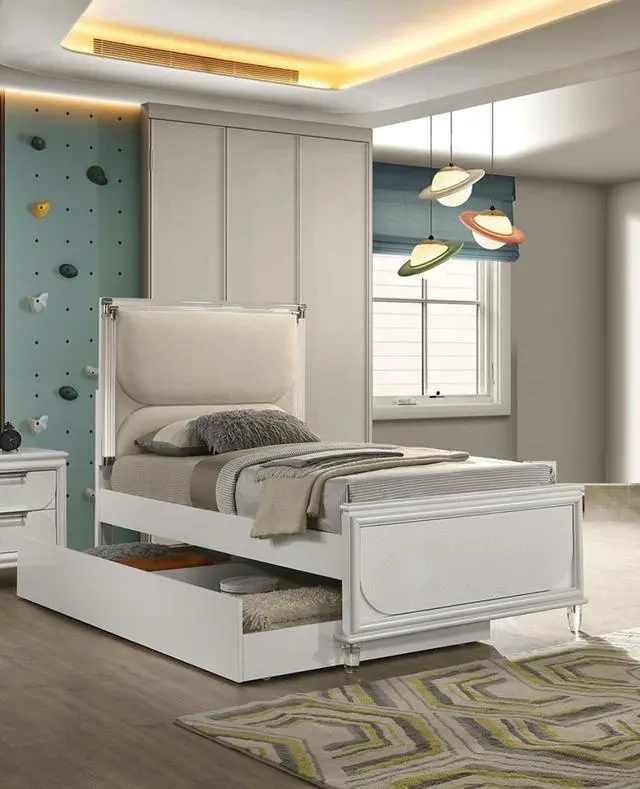 Alt view image 3 of 7 - Contemporary Glam Pearl White Twin Size Bed W Trundle 2x Nightstands Embossed Panel 3pc Bedframe Bedroom Furniture