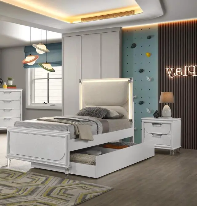 Alt view image 2 of 7 - Contemporary Glam Pearl White Twin Size Bed W Trundle 2x Nightstands Embossed Panel 3pc Bedframe Bedroom Furniture