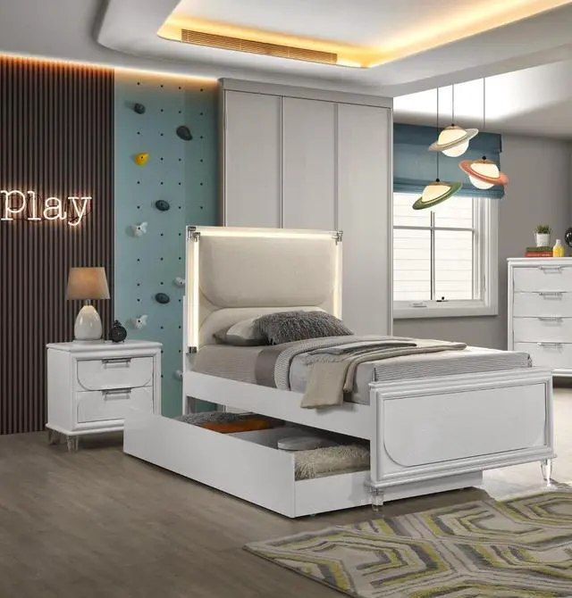 Main image of Contemporary Glam Pearl White Twin Size Bed W Trundle 2x Nightstands Embossed Panel 3pc Bedframe Bedroom Furniture