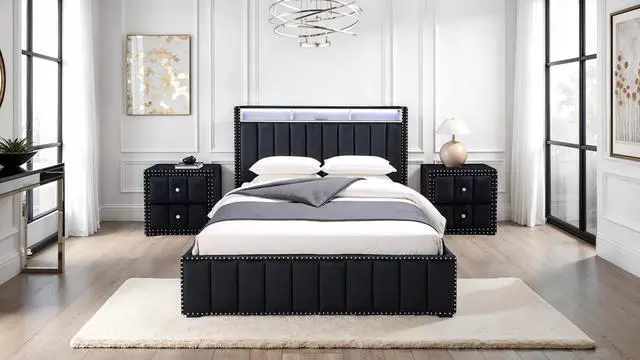 Main image of Queen Size Bed And 2X Nightstands Bedroom Furniture Luxury Look Black Fabric Upholstered Bedframe W Led Nailhead Trim 3Pc Bedroom Set