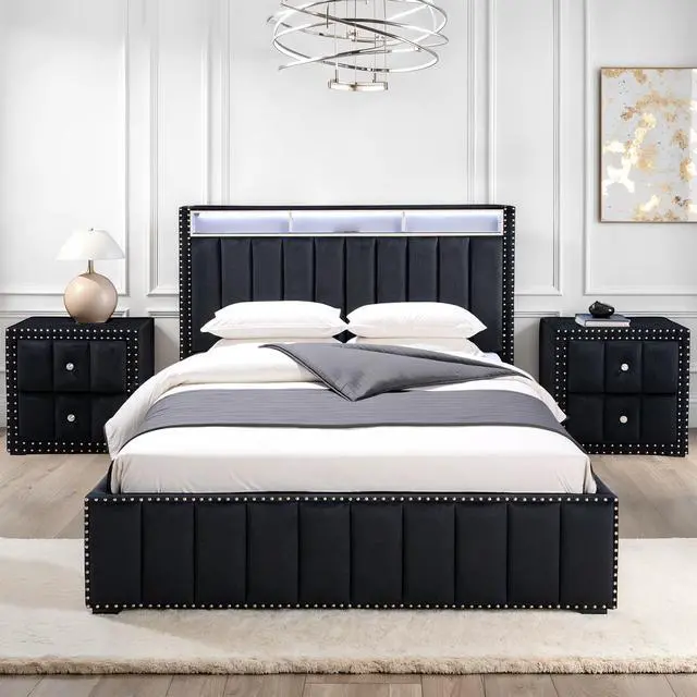 Alt view image 2 of 7 - Queen Size Bed And 2X Nightstands Bedroom Furniture Luxury Look Black Fabric Upholstered Bedframe W Led Nailhead Trim 3Pc Bedroom Set