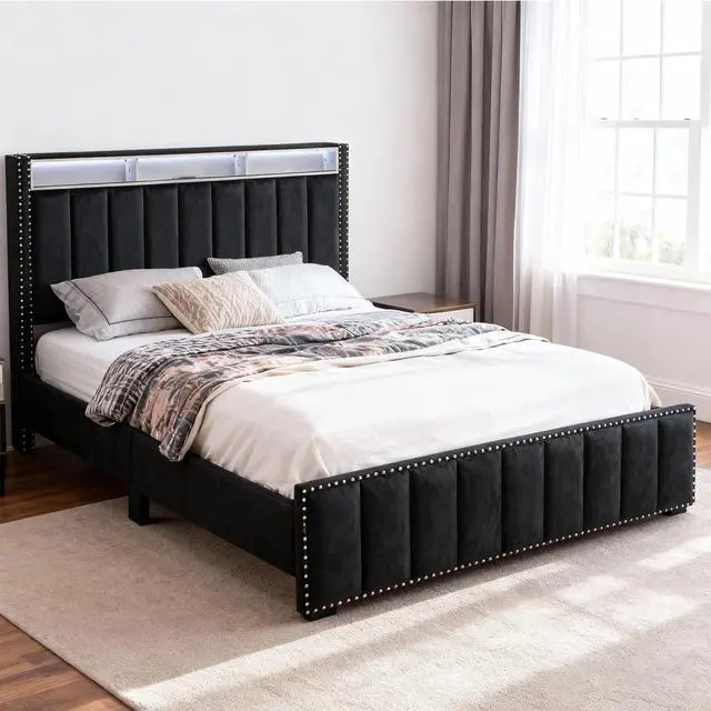 Alt view image 3 of 7 - Queen Size Bed And 2X Nightstands Bedroom Furniture Luxury Look Black Fabric Upholstered Bedframe W Led Nailhead Trim 3Pc Bedroom Set