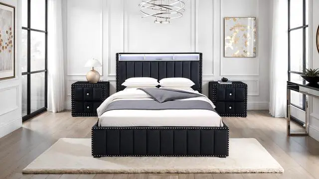 Alt view image 4 of 7 - Queen Size Bed And 2X Nightstands Bedroom Furniture Luxury Look Black Fabric Upholstered Bedframe W Led Nailhead Trim 3Pc Bedroom Set
