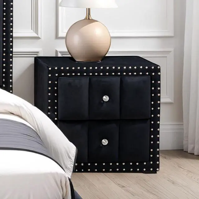 Alt view image 6 of 7 - Queen Size Bed And 2X Nightstands Bedroom Furniture Luxury Look Black Fabric Upholstered Bedframe W Led Nailhead Trim 3Pc Bedroom Set