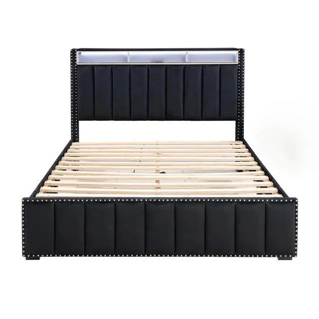 Alt view image 7 of 7 - Queen Size Bed And 2X Nightstands Bedroom Furniture Luxury Look Black Fabric Upholstered Bedframe W Led Nailhead Trim 3Pc Bedroom Set