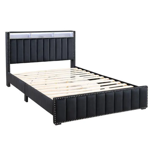 Alt view image 5 of 7 - Queen Size Bed And 2X Nightstands Bedroom Furniture Luxury Look Black Fabric Upholstered Bedframe W Led Nailhead Trim 3Pc Bedroom Set