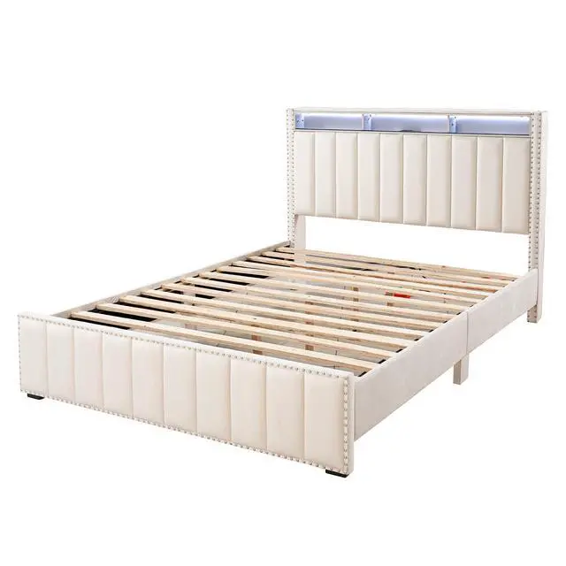 Alt view image 7 of 7 - Queen Size Bed 2X Nightstands Bedroom Furniture Contemporary Beige Fabric Upholstered Bedframe W Led Nailhead Trim 3Pc Bedroom Set