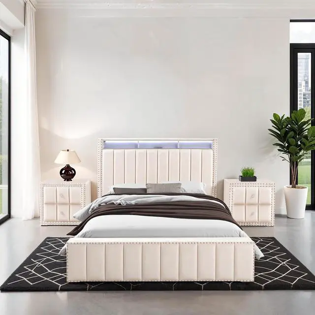 Main image of Queen Size Bed 2X Nightstands Bedroom Furniture Contemporary Beige Fabric Upholstered Bedframe W Led Nailhead Trim 3Pc Bedroom Set