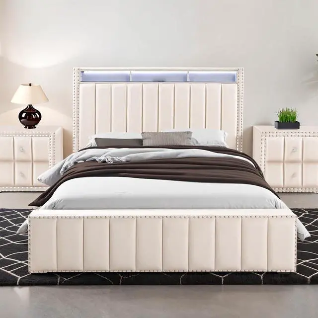 Alt view image 3 of 7 - Queen Size Bed 2X Nightstands Bedroom Furniture Contemporary Beige Fabric Upholstered Bedframe W Led Nailhead Trim 3Pc Bedroom Set