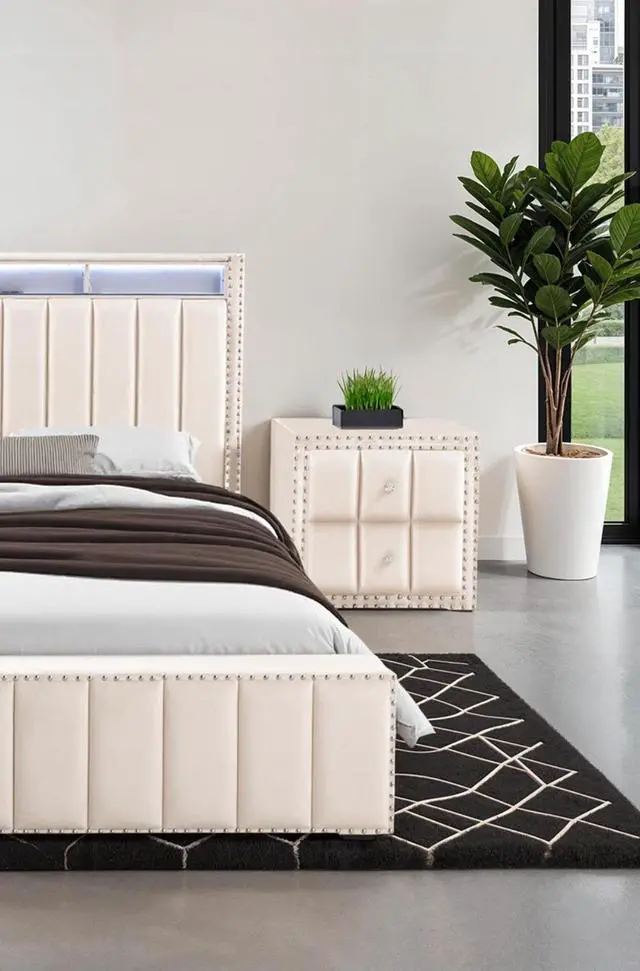 Alt view image 5 of 7 - Queen Size Bed 2X Nightstands Bedroom Furniture Contemporary Beige Fabric Upholstered Bedframe W Led Nailhead Trim 3Pc Bedroom Set