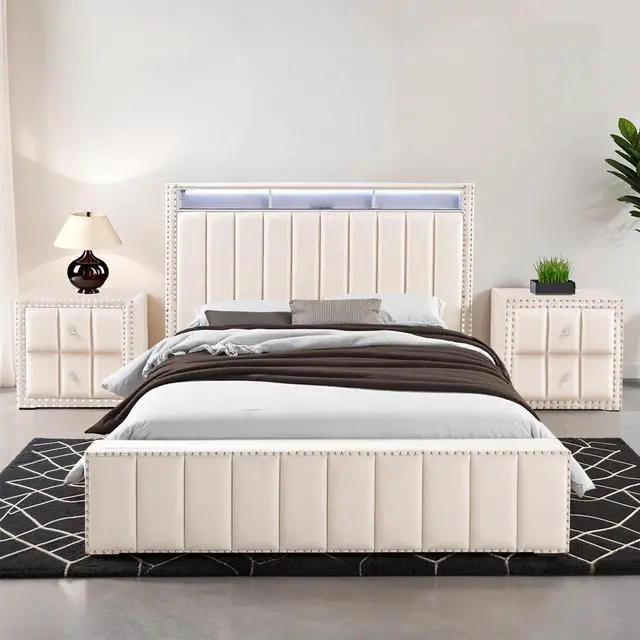 Alt view image 2 of 7 - Queen Size Bed 2X Nightstands Bedroom Furniture Contemporary Beige Fabric Upholstered Bedframe W Led Nailhead Trim 3Pc Bedroom Set
