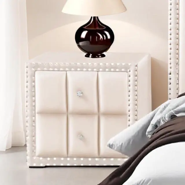 Alt view image 4 of 7 - Queen Size Bed 2X Nightstands Bedroom Furniture Contemporary Beige Fabric Upholstered Bedframe W Led Nailhead Trim 3Pc Bedroom Set