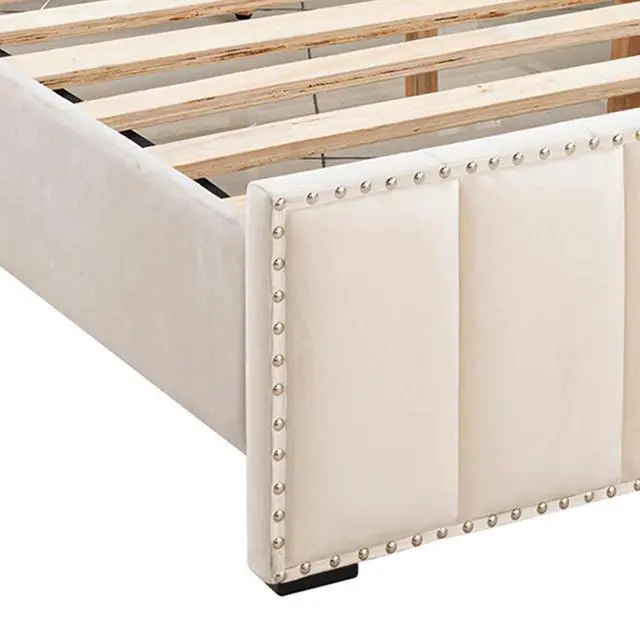 Alt view image 6 of 7 - Queen Size Bed 2X Nightstands Bedroom Furniture Contemporary Beige Fabric Upholstered Bedframe W Led Nailhead Trim 3Pc Bedroom Set