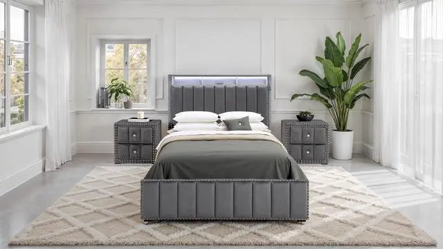 Main image of Contemporary 3Pc Bedroom Set Queen Size Bed 2X Nightstands Bedroom Furniture Dark Gray Fabric Upholstered Bedframe W Led Nailhead Trim