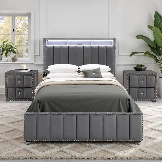 Alt view image 2 of 7 - Contemporary 3Pc Bedroom Set Queen Size Bed 2X Nightstands Bedroom Furniture Dark Gray Fabric Upholstered Bedframe W Led Nailhead Trim