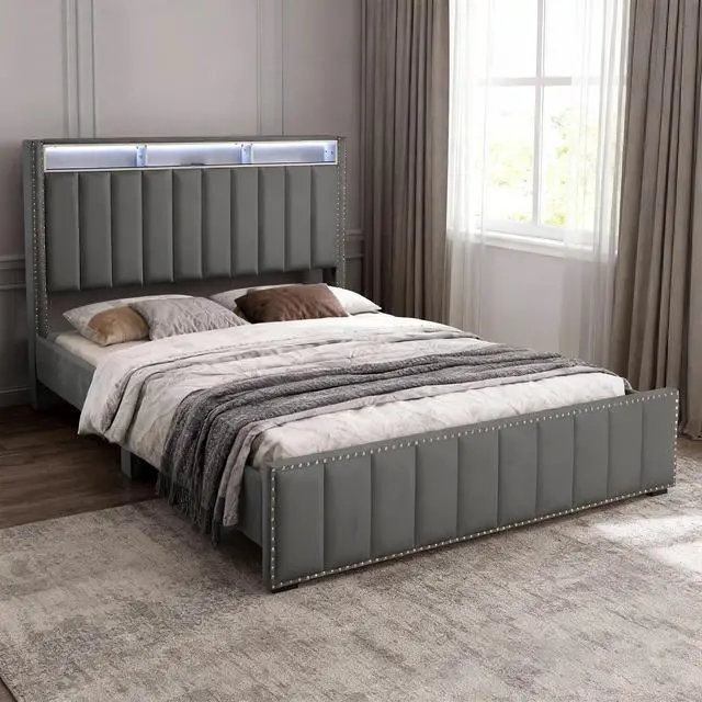 Alt view image 3 of 7 - Contemporary 3Pc Bedroom Set Queen Size Bed 2X Nightstands Bedroom Furniture Dark Gray Fabric Upholstered Bedframe W Led Nailhead Trim