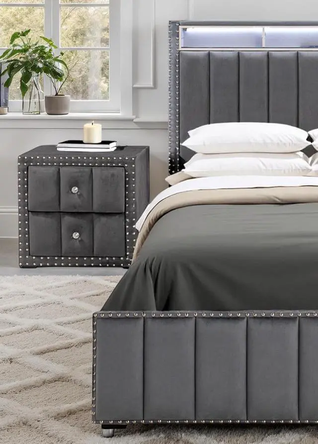 Alt view image 6 of 7 - Contemporary 3Pc Bedroom Set Queen Size Bed 2X Nightstands Bedroom Furniture Dark Gray Fabric Upholstered Bedframe W Led Nailhead Trim