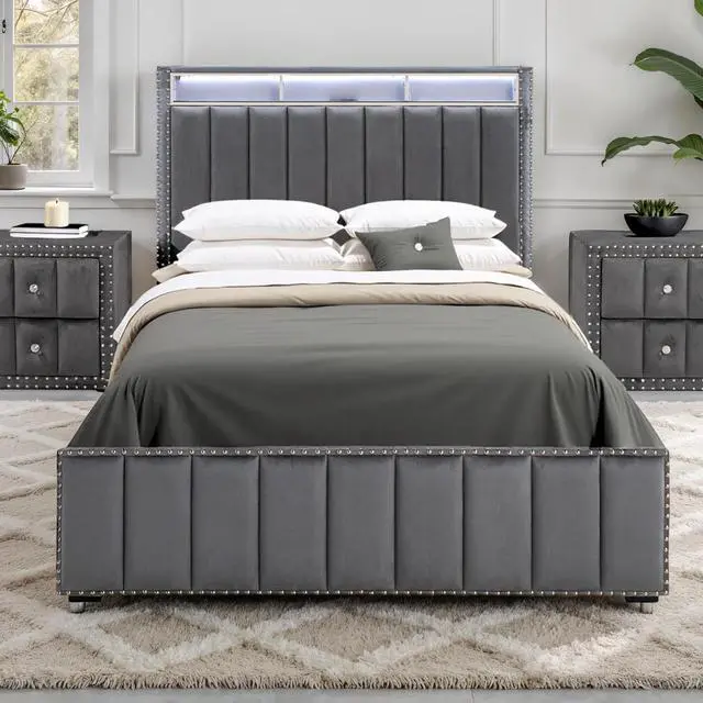 Alt view image 5 of 7 - Contemporary 3Pc Bedroom Set Queen Size Bed 2X Nightstands Bedroom Furniture Dark Gray Fabric Upholstered Bedframe W Led Nailhead Trim