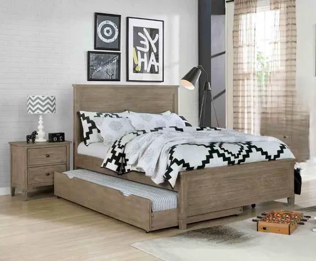Main image of Transitional Full Size Bed w Trundle 2x Nightstands Warm Gray Bedroom Furniture Wood Grain Texture 3pc Set