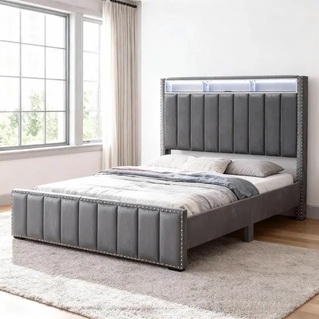 Alt view image 4 of 7 - Contemporary 3Pc Bedroom Set Queen Size Bed 2X Nightstands Bedroom Furniture Dark Gray Fabric Upholstered Bedframe W Led Nailhead Trim