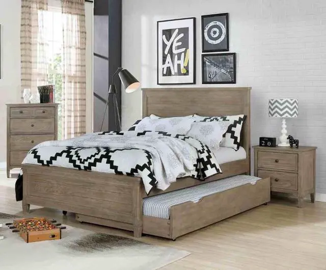 Alt view image 2 of 7 - Transitional Full Size Bed w Trundle 2x Nightstands Warm Gray Bedroom Furniture Wood Grain Texture 3pc Set