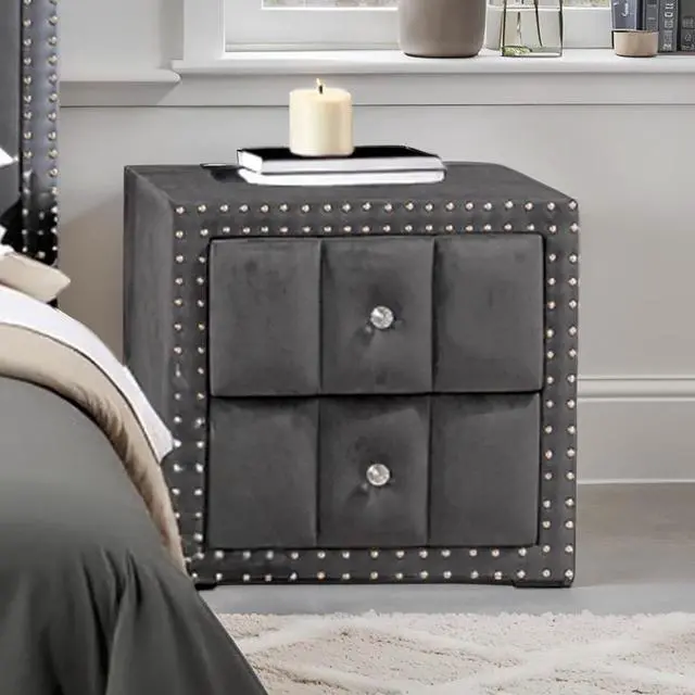 Alt view image 7 of 7 - Contemporary 3Pc Bedroom Set Queen Size Bed 2X Nightstands Bedroom Furniture Dark Gray Fabric Upholstered Bedframe W Led Nailhead Trim