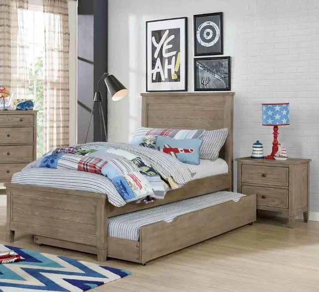 Main image of Transitional Twin Size Bed w Trundle 2x Nightstands Warm Gray Bedroom Furniture Wood Grain Texture 3pc Set