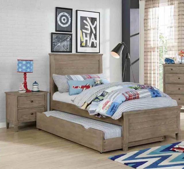Alt view image 2 of 7 - Transitional Twin Size Bed w Trundle 2x Nightstands Warm Gray Bedroom Furniture Wood Grain Texture 3pc Set