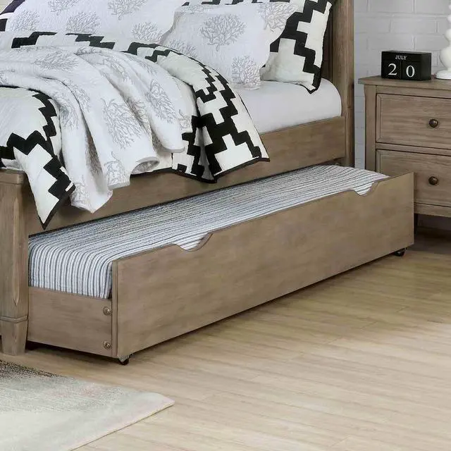 Alt view image 4 of 7 - Transitional Full Size Bed w Trundle 2x Nightstands Warm Gray Bedroom Furniture Wood Grain Texture 3pc Set