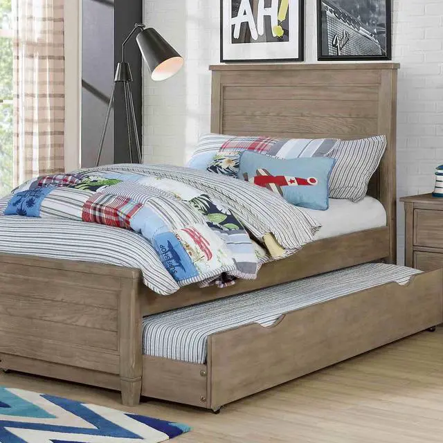 Alt view image 4 of 7 - Transitional Twin Size Bed w Trundle 2x Nightstands Warm Gray Bedroom Furniture Wood Grain Texture 3pc Set
