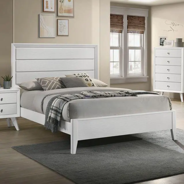 Alt view image 2 of 7 - White Queen Size Bed 2X Nightstands Wave Texture Panel Hb Bedroom Furniture Contemporary 3Pc Set
