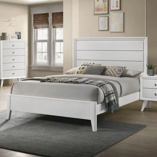 Alt view image 4 of 7 - White Queen Size Bed 2X Nightstands Wave Texture Panel Hb Bedroom Furniture Contemporary 3Pc Set