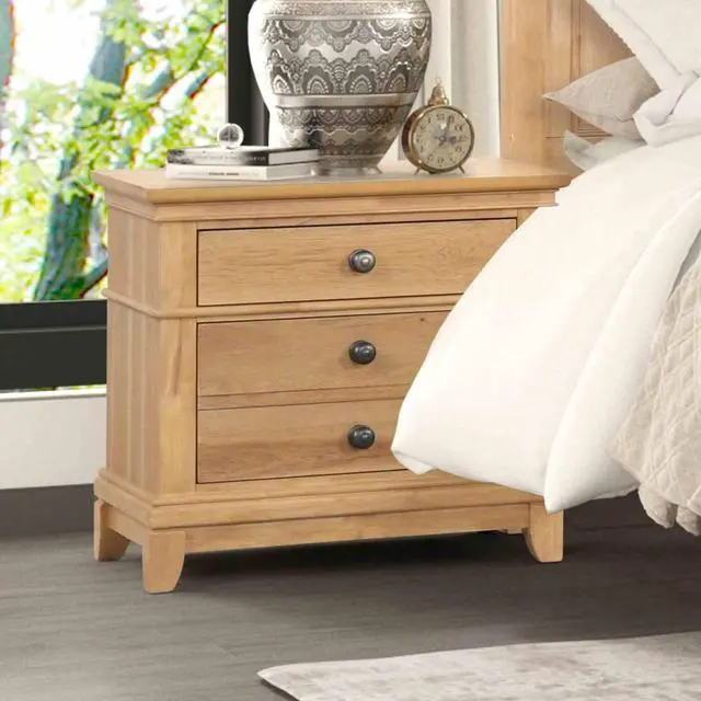 Alt view image 2 of 7 - 3Pc Set Farmhouse Style Twin Size Bed Nightstands Plank Headboard Natural Oak Bedroom Furniture