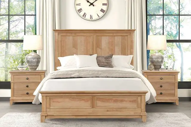 Alt view image 3 of 7 - 3Pc Set Farmhouse Style Twin Size Bed Nightstands Plank Headboard Natural Oak Bedroom Furniture