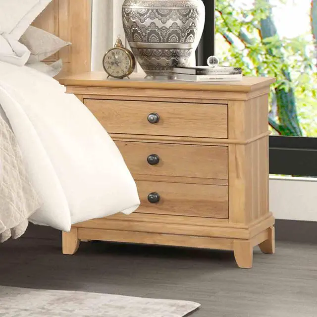 Alt view image 6 of 7 - 3Pc Set Farmhouse Style Twin Size Bed Nightstands Plank Headboard Natural Oak Bedroom Furniture