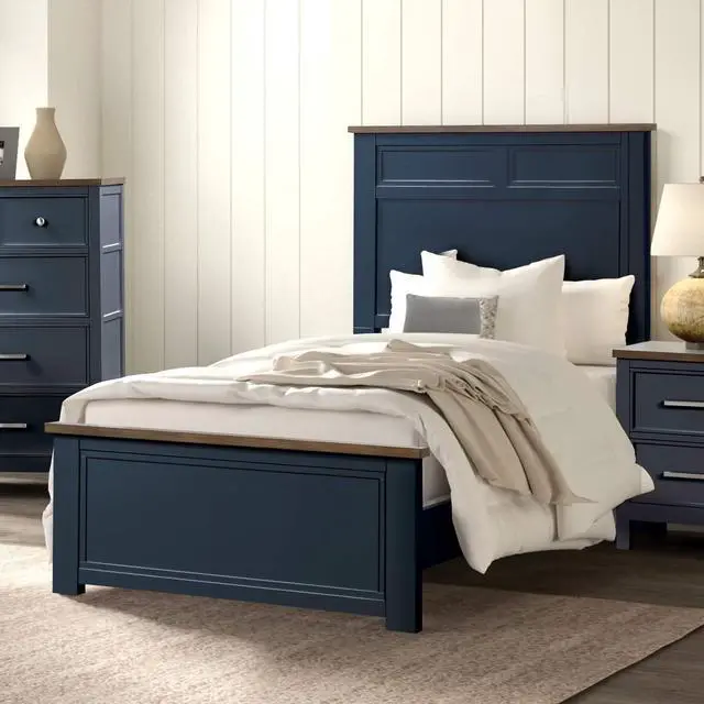 Alt view image 2 of 7 - Blue Color Pinewood Modern Farmhouse Style 3pc Bedroom Set Twin Size Bed 2x Nightstands Two-Tone Design