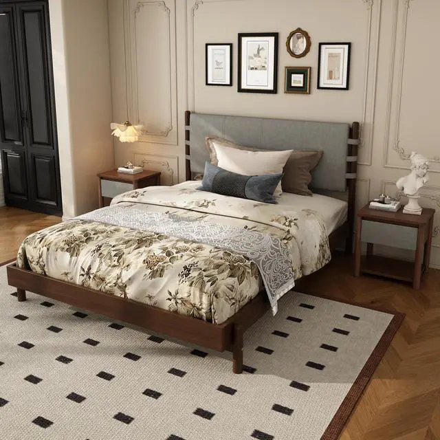 Main image of Modern Queen Bed Frame Set With 2 Nightstands, Light Gray Wood Platform Bed With Headboard And Matching Bedside Tables For Bedroom